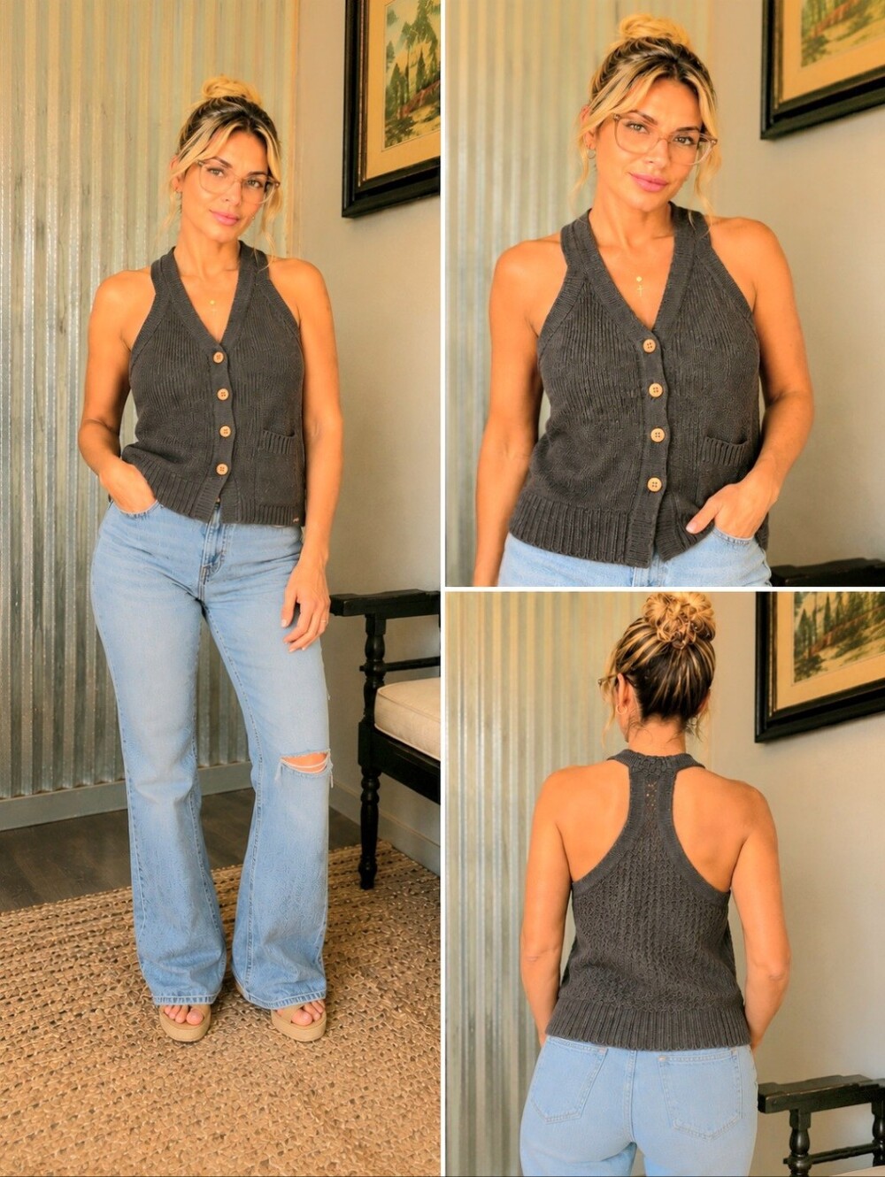 Roxy Charcoal Knit Vest with Wooden Buttons